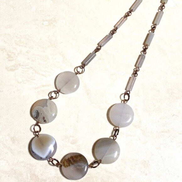 Geometric Agate Coin Necklace, Rustic Genuine Gemstone Copper Link Necklace - Picture 2 of 9